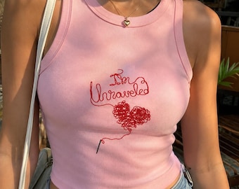 I'm Unraveled Tank Top, Yarn Heart Micro Rib Racer Crop Tank, Y2K Aesthetic Top, Crochet Knitting Gift, Coquette Aesthetic Gift for Her