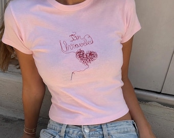 Im Unraveled Baby Tee, you seem pretty sad, Tangled Heart Sad Girl Aesthetic Fitted Crop Shirt | Pink Y2K Tee