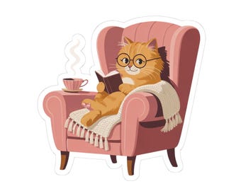 Cozy Cat Reading Sticker | Glossy Vinyl Laptop Decal