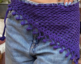 Crochet Waist Bandana Headscarf, Boho Festival Hair Scarf, Handmade Waist Bandana, Summer Hip Wrap, Cotton Triangle Kerchief, Beach Cover Up