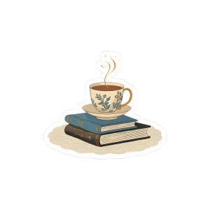 Op de afbeelding: Een sticker met een theekopje met bloemmotieven op een schotel, geplaatst op twee boeken. De theekop heeft stoom die eruit komt. De boeken zijn blauw en bruin en de sticker heeft een witte rand.