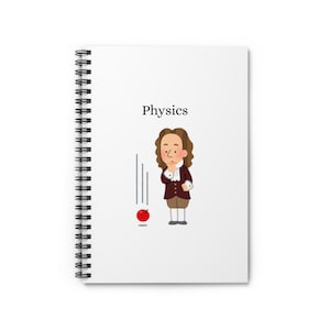 Pode incluir: Caderno branco com espiral com a palavra "Physics" no topo. Uma ilustração mostra uma figura de desenho animado com um casaco castanho, observando uma maçã vermelha a cair. O caderno é projetado para estudantes e interessados em ciência.