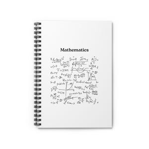 May include: White spiral-bound notebook with the word "Mathematics" at the top. The notebook's cover is filled with mathematical formulas, equations, and diagrams in black ink, including trigonometric functions and geometric shapes.