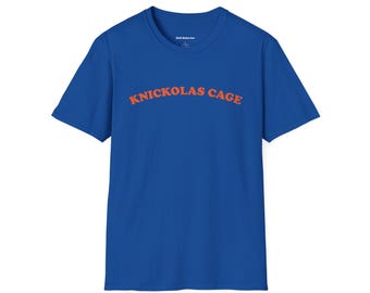 Knickolas Cage T-Shirt | Funny NY Knicks Basketball & Cage Pun Tee | Blue Unisex Cotton Shirt