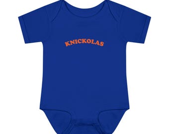 Knickolas Baby Bodysuit | Funny NY Knicks Basketball & Nicolas Pun Onesie | Blue Infant Outfit