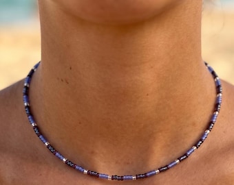 Twilight Sky Beaded Necklace, Purple Miyuki Seed Bead Choker, Adjustable Lavender Blue Celestial Jewelry, Dainty Boho Gift for Her