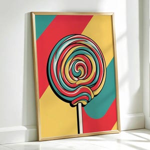 Printable Pop Art Lollipop Poster, Colorful Candy Wall Art, Fun Kitchen Decor, Cute Swirl Lollipop Digital Download, Retro Sweet Art Print