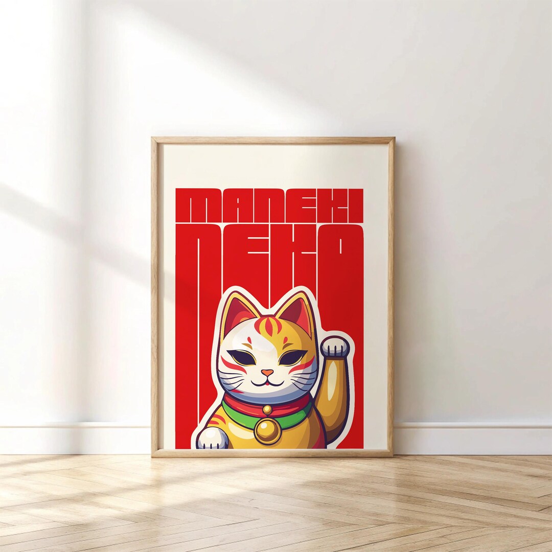 Maneki Neko Digital Wall Art Print Japanese Style Red Black White Lucky ...