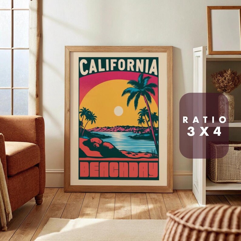 Retro California Beach Poster, Vintage Sunset Printable Wall Art ...