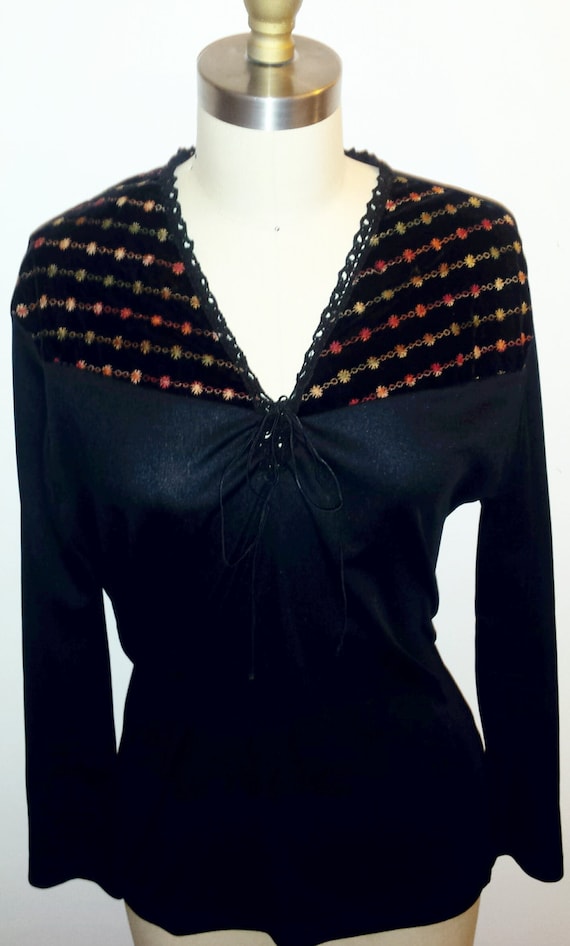 Vintage 1970s Black and Orange Blouse - 70s Black 