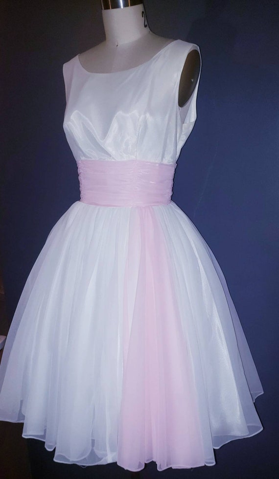 Stunning!! 1950s/60s Party Dress ~ White & Pink D… - image 1