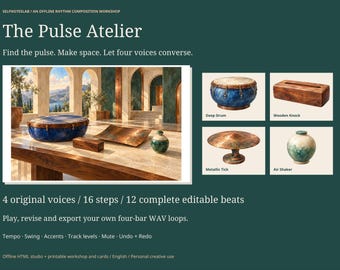 Offline Drum Machine and Rhythm Sequencer, 12 Editable Beats, WAV Export, Printable Music Composition Workshop