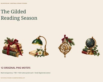 Digitale kerststickers met boekenthema | 12 vintage aquarel PNG's | Transparante decoraties voor een literair dagboek