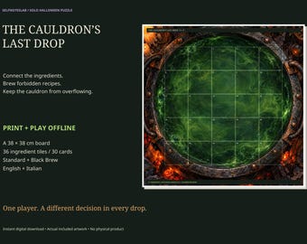 Halloween Solo Puzzle Game Printable and Offline Digital, Cauldron Last Drop, Potion Board Game, English Italian