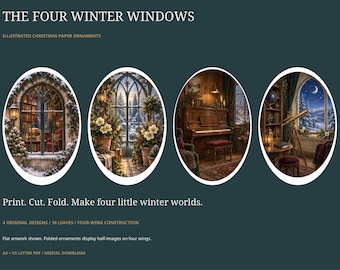 Printbare kerstversieringen van papier | 4 geïllustreerde 3D winterse raamdecoraties | A4 US Letter DIY ophangknutsel PDF