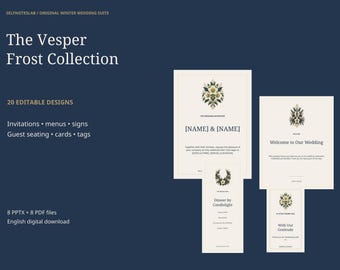 Winterse trouwkaartenbundel | 20 bewerkbare botanische uitnodigingen, menu's, borden en naamkaartjes, PPTX en PDF