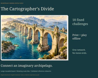 Route Building Puzzle, 18 Printable Board Game Challenges and Offline Digital Game, Cartographers Divide, Solo or Cooperative