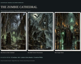 Zombie Cathedral Halloween Wall Art Set of 3, Gothic Undead Horror Prints, Scary Dark Fantasy Digital Download