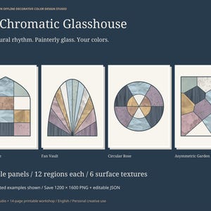 以下が含まれることがあります： The Chromatic Glasshouseと題された4つのデジタルアートパネル。Pointed Arcade、Fan Vault、Circular Rose、Asymmetric Gardenのデザインが特徴です。各パネルには、さまざまな質感と落ち着いた色合いの幾何学的なガラス模様が描かれています。