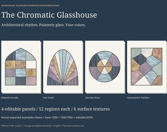 Decorative Glass Color Design Studio, 4 Editable Panels, 6 Textures, Offline HTML App and Printable Art Workshop