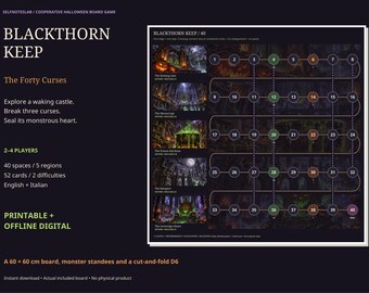 Halloween Board Game Printable and Offline Digital Game, Blackthorn Keep, 2–4 Players, Monster Pawns and Dice, English Italian