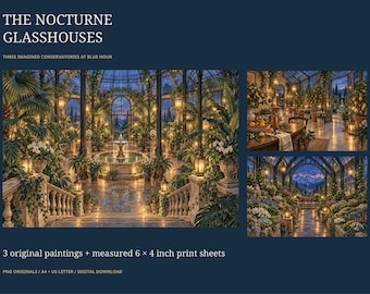 Victoriaanse kas wanddecoratie set van 3 printbare botanische schilderijen van een serre (6x4 inch, landschapsformaat, digitaal afgedrukt)