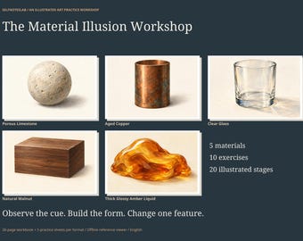 Material Drawing Workbook, 5 Textures and 10 Exercises, 20 Illustrated Stages, Printable Art Practice and Offline Reference Viewer