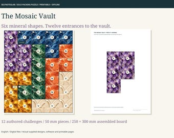 Pentomino-puzzel (printbaar en offline), 12 mozaïekuitdagingen, 6 geometrische stukken, The Mosaic Vault