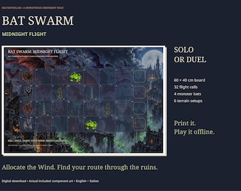 Bat Swarm Board Game, Printable and Offline Halloween Flight Game, Monster Dice and Pawns, Solo or Two Players, English Italian