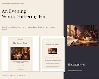 Custom Dinner Party Invitation Suite, Private Salon Event Program Menu and Reply Card, Editable PPTX PDF