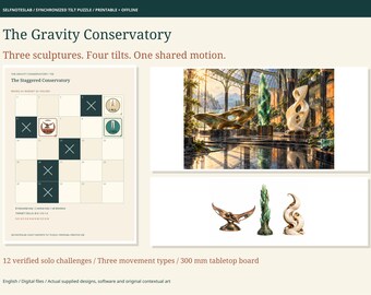 De Gravity Conservatory offline kantelpuzzel, 12 printbare uitdagingen, drie mineraalsculpturen en een interactief spel.