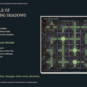 以下が含まれることがあります： Castle of Moving Shadowsプリント＆プレイボードゲーム。48 x 48 cmのボード、16枚の両面コリドールタイル、24のルートチャレンジが含まれています。ゲームボードには、暗い背景に緑色の通路のグリッドと番号付きの円が表示されています。