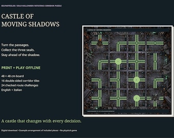 Castle of Moving Shadows – Brettspiel, druckbares und offline spielbares Halloween-Puzzle für Einzelspieler, 24 Herausforderungen, Englisch/Italienisch