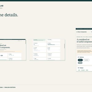 May include: A digital preview of a web design component library titled SELFNOTESLAB. The interface displays a collection of UI elements including buttons, badges, and input fields with the text A considered set of useful components.