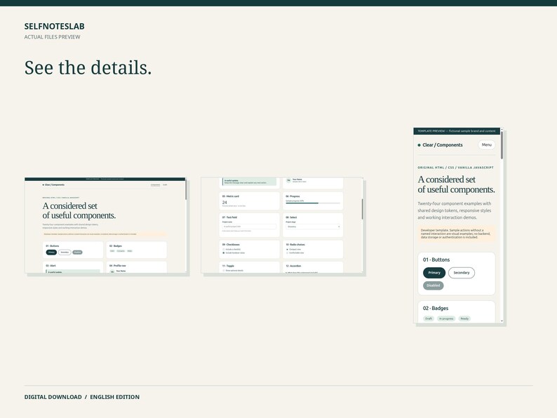 May include: A digital preview of a web design component library titled SELFNOTESLAB. The interface displays a collection of UI elements including buttons, badges, and input fields with the text A considered set of useful components.