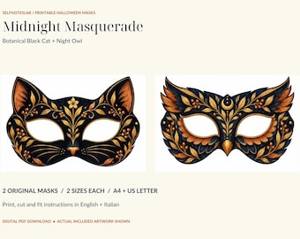 Botanische Midnight Cat & Owl Maskers: Marineblauw, Koper, Goud (PDF-download)