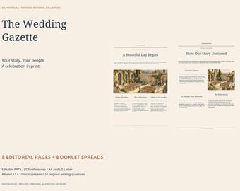 Wedding Newspaper Template: 8 Editable Story and Program Pages, A4 Letter PPTX PDF, A3 Tabloid Booklet Spreads