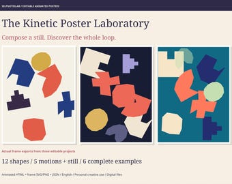 Animated Poster Design Studio, Offline Motion Art Editor, Six Editable HTML Posters, SVG PNG Exports and Printable Workshop