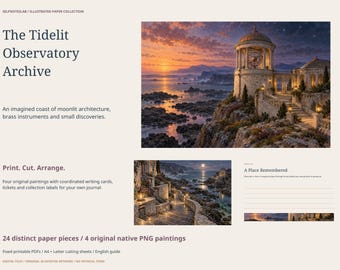 Celestial Junk Journal Kit: Tidelit Observatory, 24 Printable Cards and Ephemera Pieces, 4 Original PNG Artworks