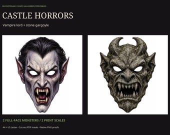 Scary Halloween Vampire & Gargoyle Masks Printable | Full Face Monster Photo Props | A4 Letter PDF