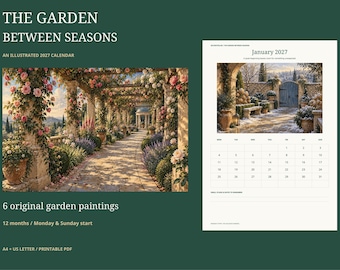 Geïllustreerde tuinkalender 2027, printbare maandkalender voor aan de muur, start op maandag of zondag, A4-formaat en US Letter-formaat.