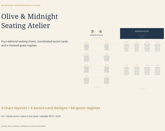 Wedding Seating Chart Templates: 4 Editable Designs, Escort Cards and 64 Guest Register, A2 18x24 PPTX XLSX