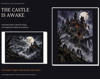 Haunted Castle Halloween Decor Printable, Scary Bat SVG Cutouts, Wall Art, Signs and Letter Bunting Set