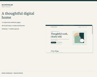 May include: A digital website template titled SELFNOTESLAB featuring the text A thoughtful digital home, 3 responsive website pages, no build step or external libraries, and desktop plus mobile layouts with a preview of a webpage.