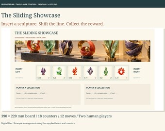 Juego de mesa de estrategia imprimible Sliding Showcase y juego para dos jugadores sin conexión, 18 fichas, tablero grande y 8 repeticiones completas.