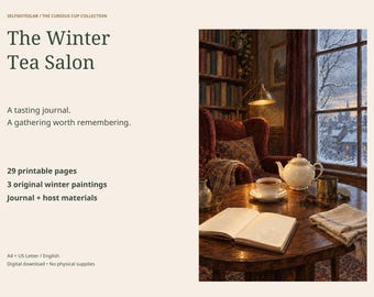 Printbaar theeproeverijdagboek en gastheer/gastvrouwpakket | 29 pagina's met winterse afbeeldingen, menu's en kopjesmarkeringen | A4 US Letter PDF