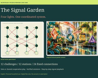 Juego de lógica Signal Garden, rompecabezas de enrutamiento de señales sin conexión e imprimible, 12 desafíos, tablero grande, fichas y soluciones verificadas.