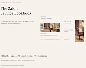 Hair Salon Lookbook Templates: 12 Editable Service Pages, 8 Social Posts, 4 Client Cards, PPTX PDF Kit
