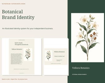 Op maat gemaakte botanische merkidentiteit: logopakket, handleiding van 6 pagina's, visitekaartjes en productetiketten.