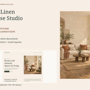 May include: A digital business launch suite titled The Linen House Studio featuring interior styling templates, website layouts, and client documents. The design includes a beige colour palette, serif typography, and a photograph of a living room.